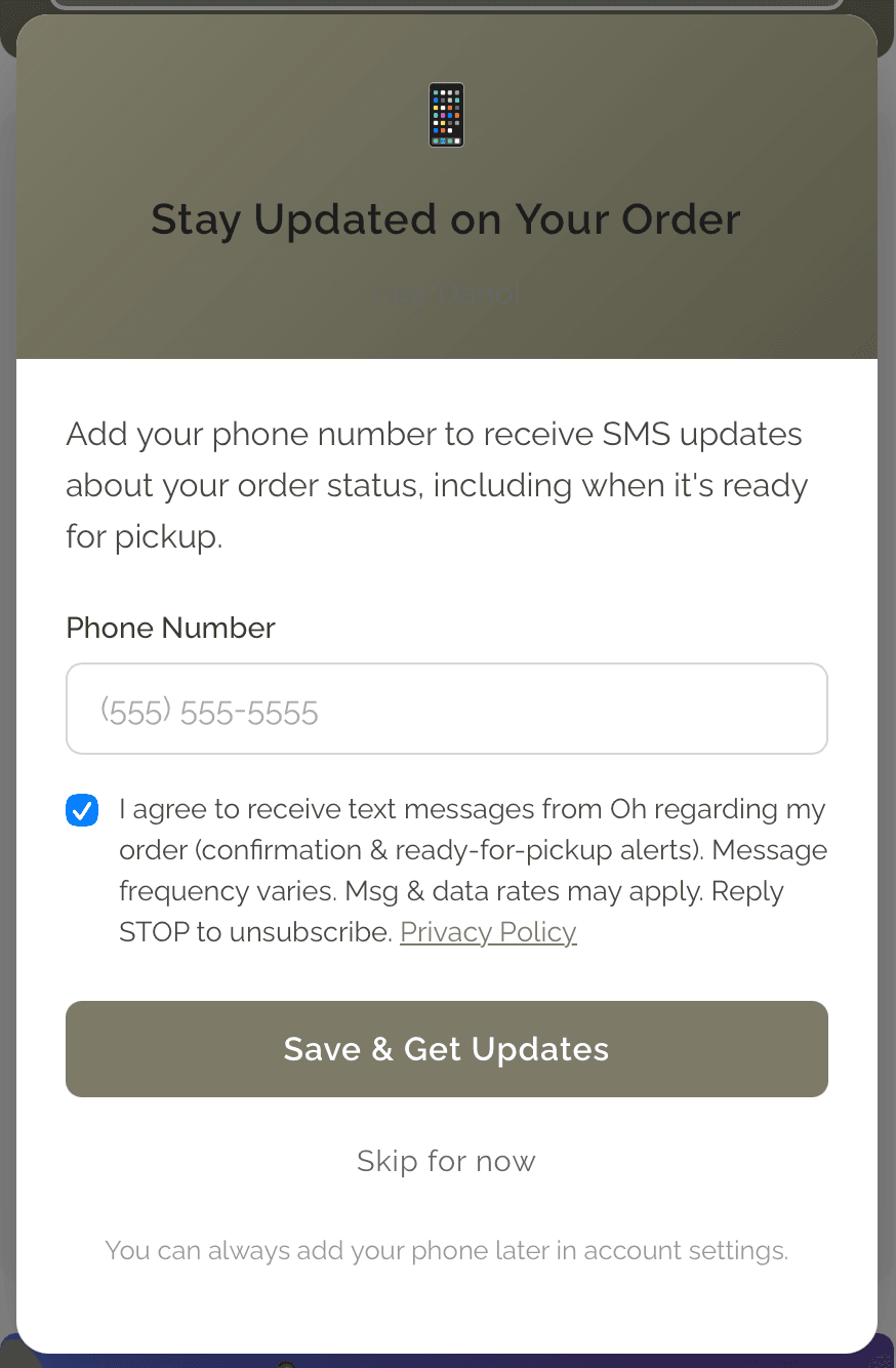 The phone prompt for signed-in customers, with the SMS consent checkbox