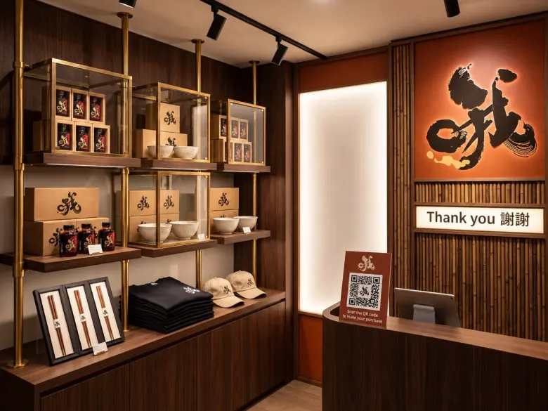 The store on the way out: shelves of sauces, gift boxes, bowls, shirts and caps, and a sign that says thank you.