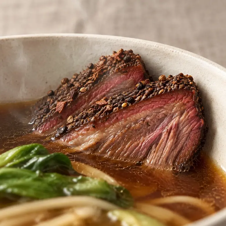 Macro shot of two slices of peppercorn-crusted beef brisket, showing the seared crust and pink center.