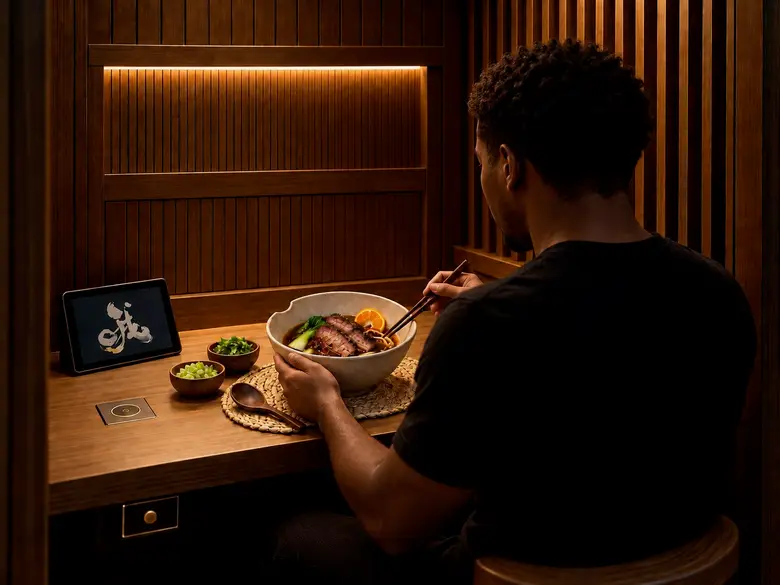 A guest eating a bowl of beef noodle soup inside a private wood-paneled pod, the kitchen hatch above the table closed.