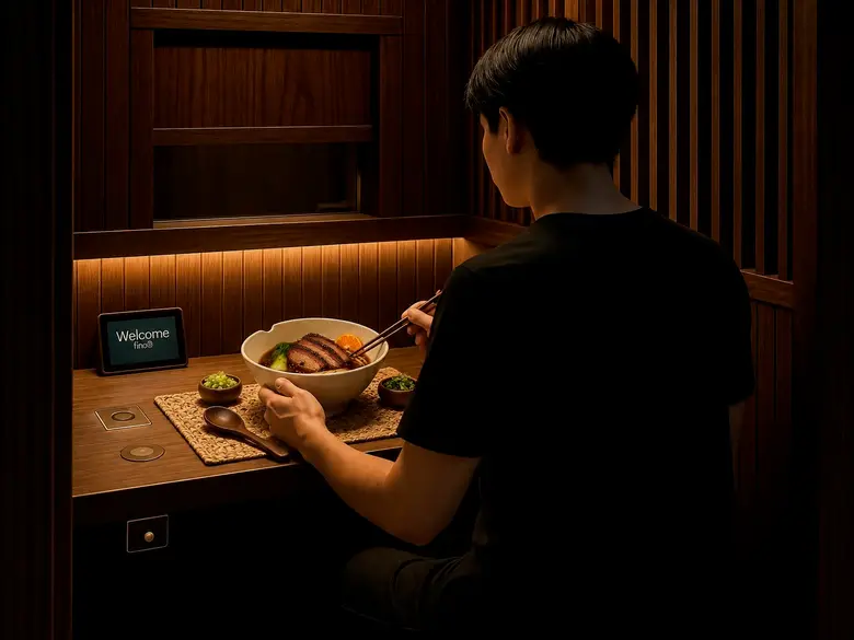 A guest eating noodle soup in a dining pod, with a tablet on the counter showing a welcome greeting.