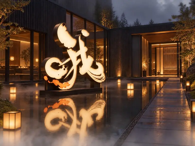 The illuminated Oh! logo sculpture standing in a reflecting pool at the restaurant entrance at night, lit by paper lanterns along the path.