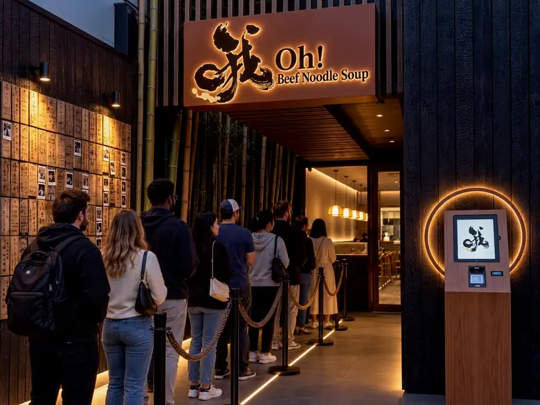 Guests lined up outside the entrance in the evening, with the dining room and a self-order kiosk visible through the open door.